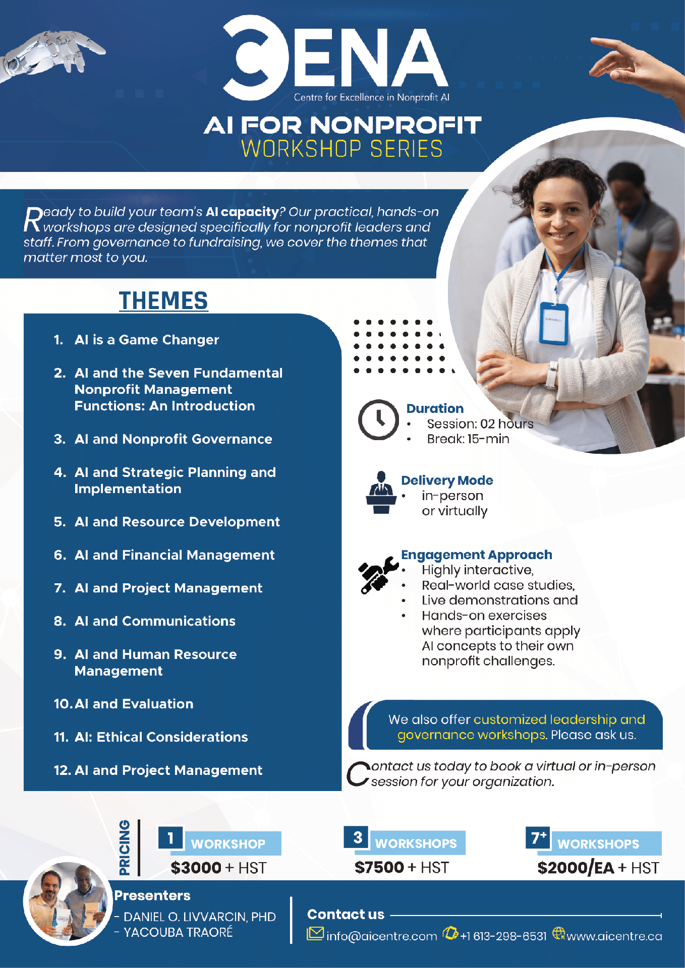 CENA – AI for Nonprofit Workshop Series poster with themes, pricing and contact info